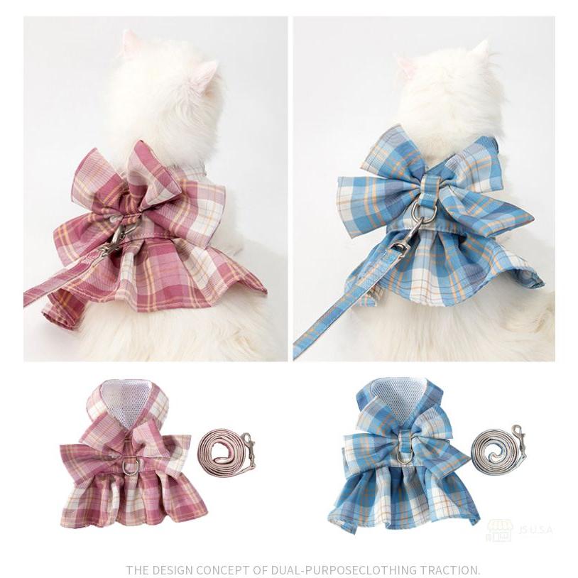 新商品プロモーション，数量限定 犬猫用胸当て＆ハーネス＆リードセット ペット胸当てリード 犬猫用品 ペットグッズ 犬猫リード 胴輪 引きひも チェック柄JK制服 通気性 抜け犬猫用胸当て＆ハーネス