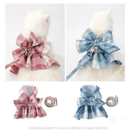 新商品プロモーション，数量限定 犬猫用胸当て＆ハーネス＆リードセット ペット胸当てリード 犬猫用品 ペットグッズ 犬猫リード 胴輪 引きひも チェック柄JK制服 通気性 抜け犬猫用胸当て＆ハーネス