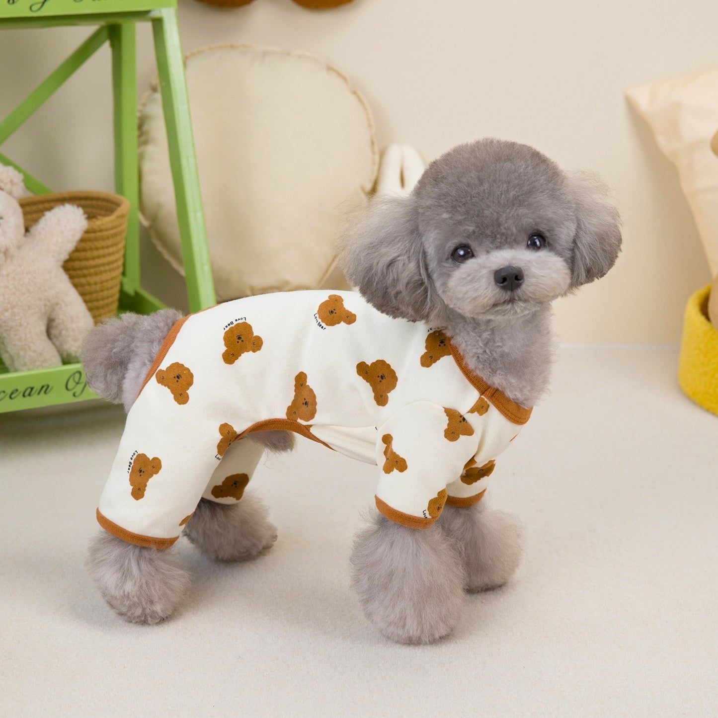 ペット用品 犬の服 猫 小型犬 服 快適 ストレッチ 4色 プリント クマ 四足 部屋着