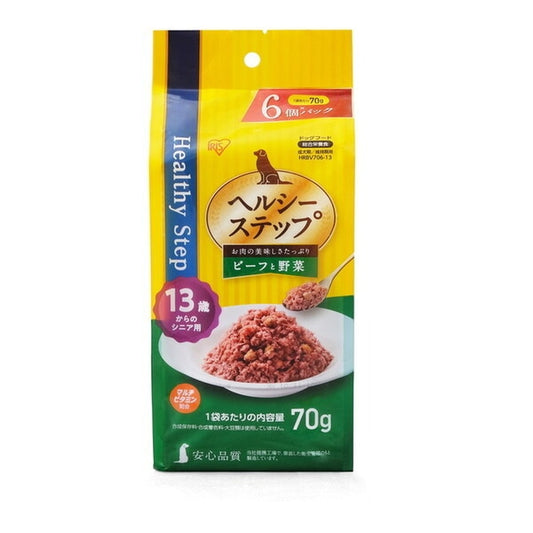 <a href="https://www.qoo10.jp/gmkt.inc/Search/brand.aspx?brandno=49458" target="_blank" class="title_brand" id="btn_brand" title="アイリスオーヤマ">アイリスオーヤマ</a>HRBV706-13 ヘルシーステップレトルト ドッグフード (ビーフと野菜 70g×6P 13歳以上用)