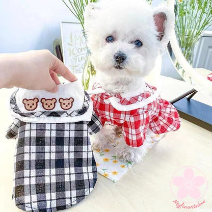 高級な質感 ペット 服 安い犬 春 夏 秋 ギンガム チェック ワンピース くまちゃん 柄 えり かわいい 可愛い ハイブランド 猫 ドッグウェア