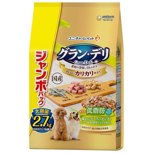 <a href="https://www.qoo10.jp/gmkt.inc/Search/brand.aspx?brandno=18151" target="_blank" class="title_brand" id="btn_brand" title="ユニ・チャーム">ユニ・チャーム</a>グランデリ カリカリ仕立て 低脂肪味わいビーフ入りセレクト ジャンボパック 2.7kg