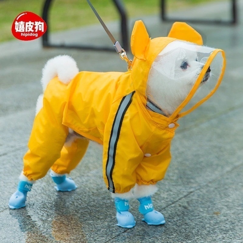 ペット服 牽引可能な子犬のレインコート防水ペット雨の日の服