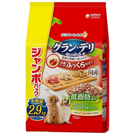 <a href="https://www.qoo10.jp/gmkt.inc/Search/brand.aspx?brandno=18151" target="_blank" class="title_brand" id="btn_brand" title="ユニ・チャーム">ユニ・チャーム</a>グランデリ ふっくら仕立て 低脂肪 鶏ささみビーフ緑黄色野菜小魚チーズ角切りビーフ ジャンボパック2.9kg