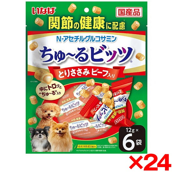 <a href="https://www.qoo10.jp/gmkt.inc/Search/brand.aspx?brandno=77771" target="_blank" class="title_brand" id="btn_brand" title="いなばペットフード">いなばペットフード</a>24個セット ちゅ～るビッツ 関節の健康に配慮 とりささみ ビーフ入り 12g×6袋