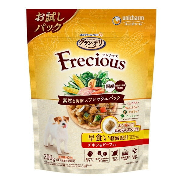 <a href="https://www.qoo10.jp/gmkt.inc/Search/brand.aspx?brandno=18151" target="_blank" class="title_brand" id="btn_brand" title="ユニ・チャーム">ユニ・チャーム</a>グランデリ Frecious 早食い軽減設計 チキン&ビーフ入り 200g
