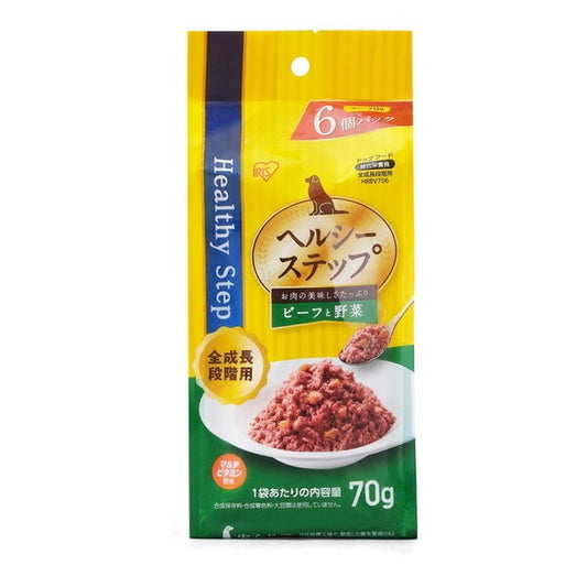 <a href="https://www.qoo10.jp/gmkt.inc/Search/brand.aspx?brandno=49458" target="_blank" class="title_brand" id="btn_brand" title="アイリスオーヤマ">アイリスオーヤマ</a>HRBV706 ヘルシーステップレトルト ドッグフード (ビーフと野菜 70g×6P 全成長段階用)