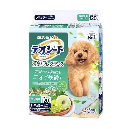 <a href="https://www.qoo10.jp/gmkt.inc/Search/brand.aspx?brandno=18151" target="_blank" class="title_brand" id="btn_brand" title="ユニ・チャーム">ユニ・チャーム</a>デオシート 消臭&フレグランス グリーンアロマの香り レギュラー 120枚