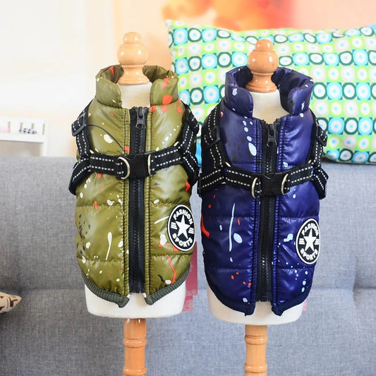 万能流行感 ペットベスト ダウン風ベスト ドッグウェア 犬用アウター ペット服とハーネス一体 コート 中綿 秋冬服 小型犬 中型犬 ジップアップ 防寒 温かい 犬猫用