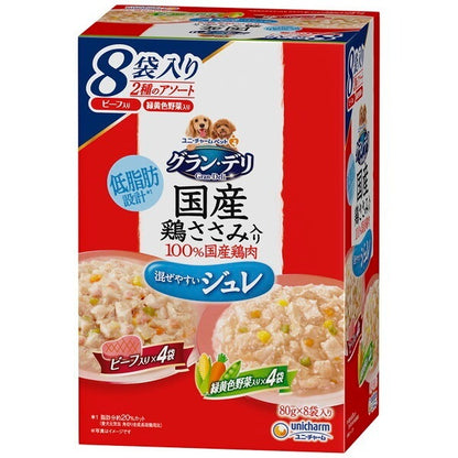 <a href="https://www.qoo10.jp/gmkt.inc/Search/brand.aspx?brandno=18151" target="_blank" class="title_brand" id="btn_brand" title="ユニ・チャーム">ユニ・チャーム</a>グランデリ 国産鶏ささみパウチ ジュレ 成犬用8袋パック ビーフ入り&緑黄色野菜入り 80g8袋