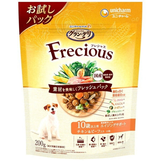 <a href="https://www.qoo10.jp/gmkt.inc/Search/brand.aspx?brandno=18151" target="_blank" class="title_brand" id="btn_brand" title="ユニ・チャーム">ユニ・チャーム</a>グランデリ フレシャス 10歳以上用 チキン&ビーフ入り 200g
