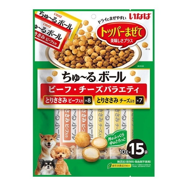 <a href="https://www.qoo10.jp/gmkt.inc/Search/brand.aspx?brandno=77771" target="_blank" class="title_brand" id="btn_brand" title="いなばペットフード">いなばペットフード</a>ちゅ～るボール 15袋入り ビーフ・チーズバラエティ