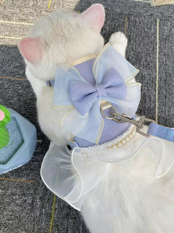 タイムセール 散歩出かけなどに大活躍！猫用 犬用 パールリボン レース パール ハーネス リード付き 可愛い ひらひら オーガンジーレース 切替 蝶結び リボン ワンピース 小型犬散歩出かけなどに