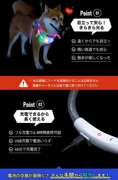 首輪 光る 光る首輪 USB充電式 ペット 猫 LED ライト リード 光 点灯 点滅 蛍光 小型犬 中型犬 大型犬 夜 散歩 安全 事故防止 安全グッズ ペット用品 ドッググッズ 犬用品 便利 簡単