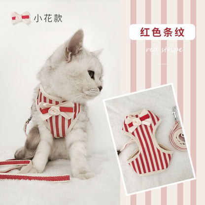 品質保証 ハーネス 犬 猫 おしゃれ ストライプ 簡単装着 かわいい 脱げない メッシュ 小型犬 中型犬 ネコ 胴輪 リードセット 散歩 リボン ペット ドッグ キャット 犬猫用