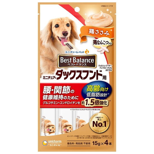 <a href="https://www.qoo10.jp/gmkt.inc/Search/brand.aspx?brandno=18151" target="_blank" class="title_brand" id="btn_brand" title="ユニ・チャーム">ユニ・チャーム</a>ベストバランスおやつ ミニチュアダックスフンド用 高齢向け 鶏ささみ 15g4本