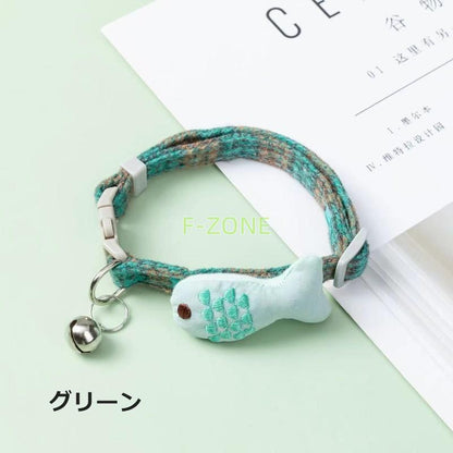 おしゃれ ワンタッチバックル 犬用 小魚 カラー 鈴付き お散歩 小型犬 猫用 首輪 ペット用品 チェック柄 お出かけ かわいい