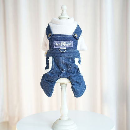 犬服ペット新作秋冬ウェア擦れデニムスーツ犬ビション背中4本足服ズボン2本足服