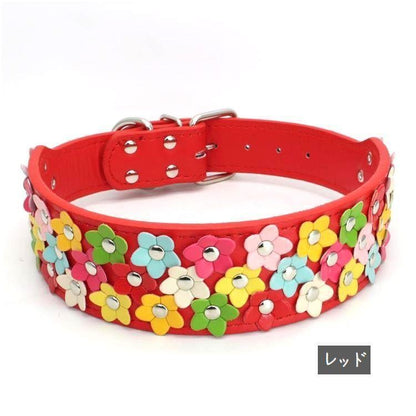 首輪 リード 犬用 ペット用 単品 幅広 カラー スタッズ 牽引紐 散歩紐 ドッグ 鋲 花 フラワー フェイクレザー かわいい カラフル ベルト おし