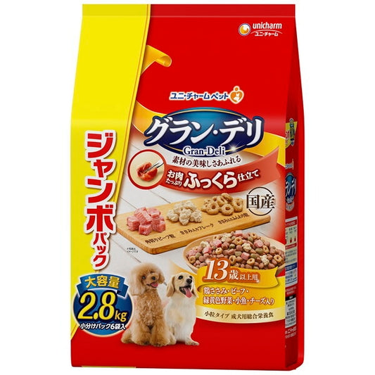 <a href="https://www.qoo10.jp/gmkt.inc/Search/brand.aspx?brandno=18151" target="_blank" class="title_brand" id="btn_brand" title="ユニ・チャーム">ユニ・チャーム</a>グランデリ ふっくら仕立て13歳以上用 鶏ささみビーフ緑黄色野菜小魚チーズ角切りビーフ粒入り 2.8kg