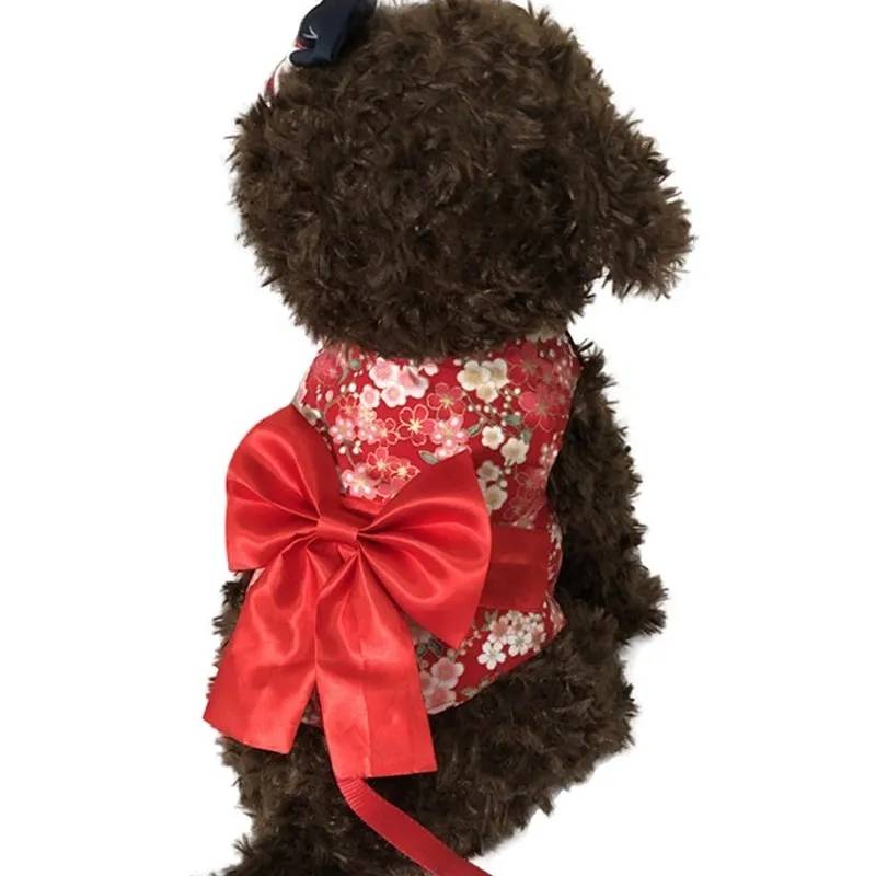 着物 ハーネス リードセット 小型犬 中型犬 可愛い 首 負担なし 胴輪 脱げない おしゃれ 和風 大きなリボン 脱走防止 S M L