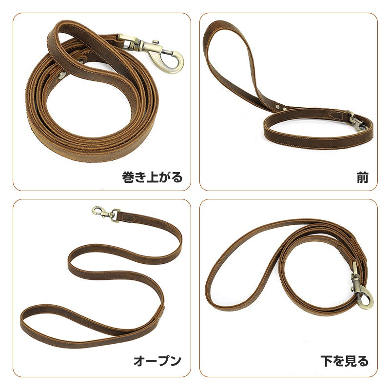 本革子犬リード手作り第一層両面牛革犬バックルポータブルペット犬のリード犬 リード 本革 肩掛けリード ショルダーリード おすすめ 多機能リード ハンズフリー 犬 リード2cm*113.5cm 長い
