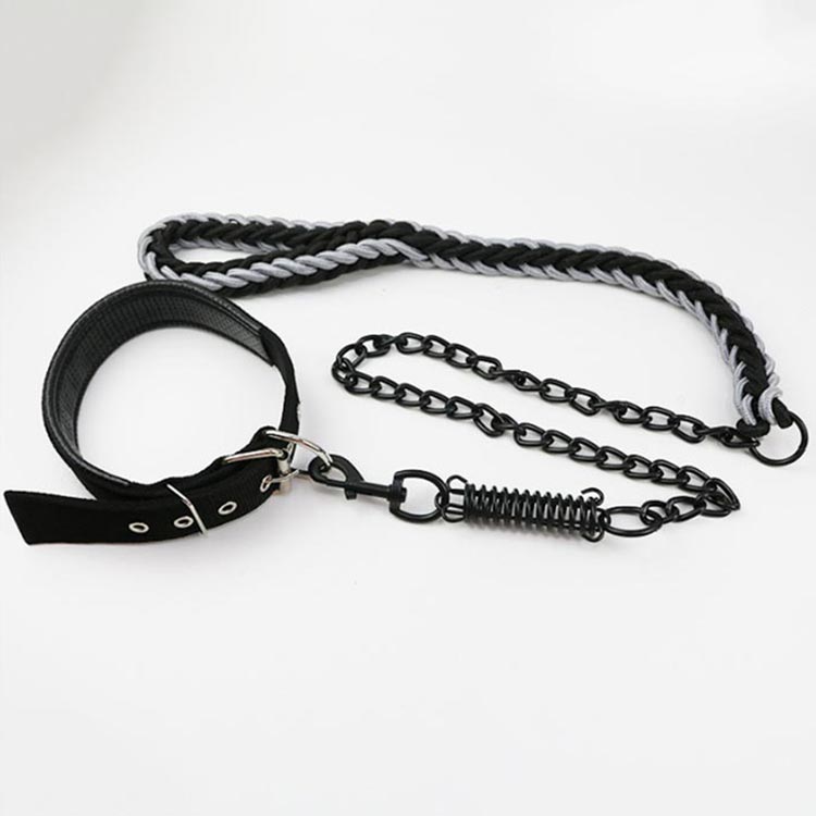【首輪＋引きひも 2点セット】 犬 首輪 リード チェーン ゴツイ リードフック 防噛み 噛み切れない 超大型犬 大型犬 中型犬 小型犬 ばね 鎖 犬用 チェーンリード ブラックチェーン おしゃれ か