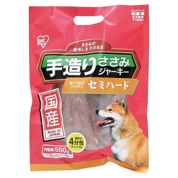 <a href="https://www.qoo10.jp/gmkt.inc/Search/brand.aspx?brandno=49458" target="_blank" class="title_brand" id="btn_brand" title="アイリスオーヤマ">アイリスオーヤマ</a>P-TS500 国産手造りささみジャーキー セミハード 500g メーカー直送