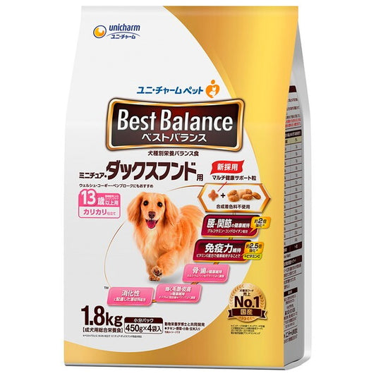 <a href="https://www.qoo10.jp/gmkt.inc/Search/brand.aspx?brandno=18151" target="_blank" class="title_brand" id="btn_brand" title="ユニ・チャーム">ユニ・チャーム</a>ベストバランス カリカリ仕立て ミニチュアダックスフンド用 13歳以上用 1.8kg