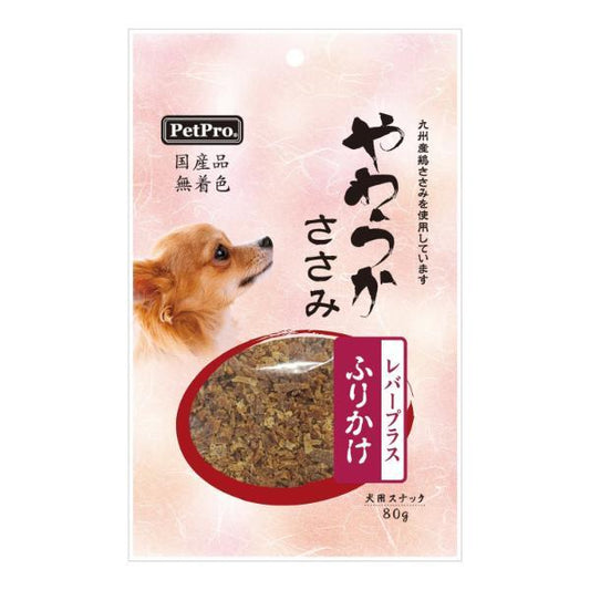 <a href="https://www.qoo10.jp/gmkt.inc/Search/brand.aspx?brandno=112304" target="_blank" class="title_brand" id="btn_brand" title="ペットプロ">ペットプロ</a>国産やわらかささみレバープラス ふりかけ 80g